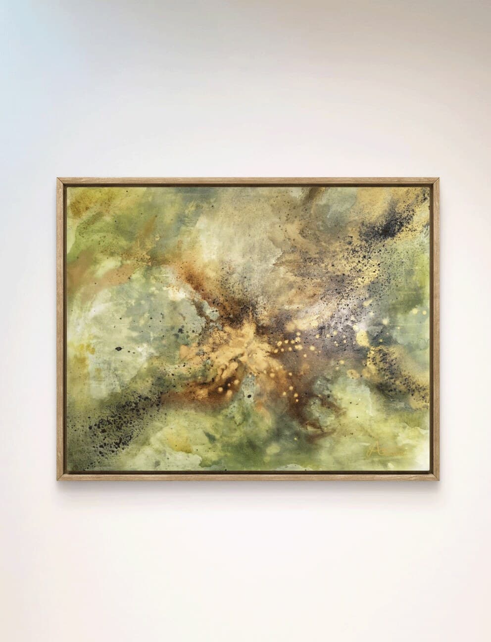 Abstract painting in olive, ochre and gold by Asami Aito, framed in oak